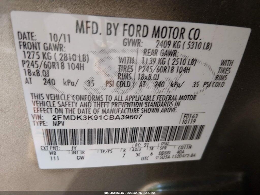 2FMDK3K91CBA39607 2012 FORD EDGE photo no. 9