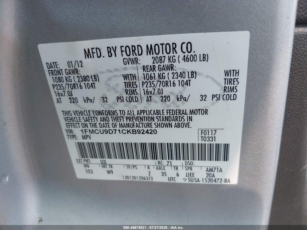 1FMCU9D71CKB92420 2012 FORD ESCAPE photo no. 9