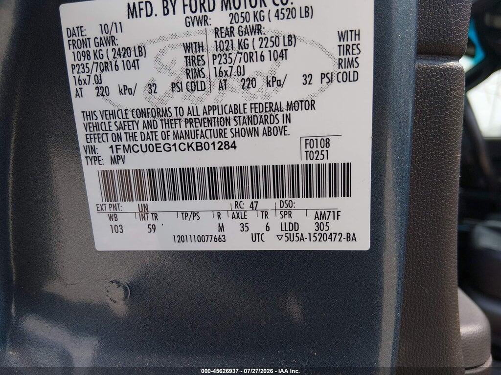 1FMCU0EG1CKB01284 2012 FORD ESCAPE photo no. 9