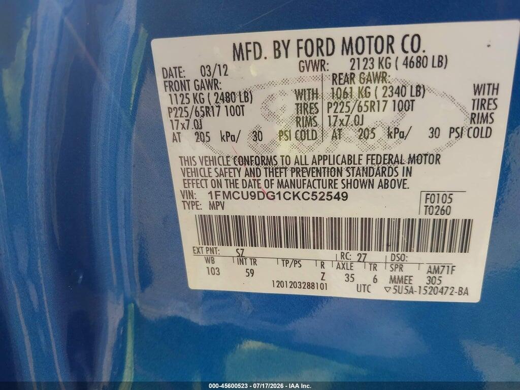 1FMCU9DG1CKC52549 2012 FORD ESCAPE photo no. 9