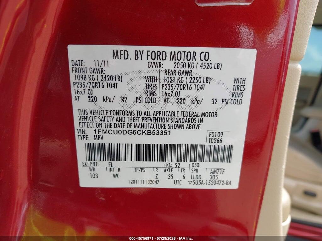 1FMCU0DG6CKB53351 2012 FORD ESCAPE photo no. 9