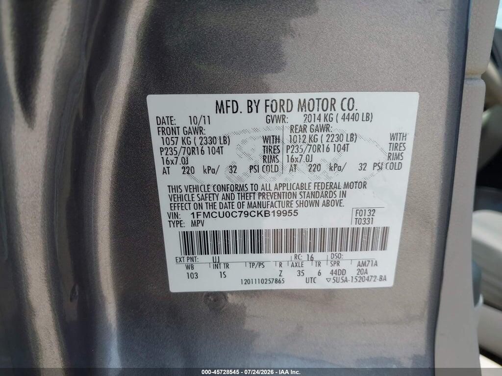 1FMCU0C79CKB19955 2012 FORD ESCAPE photo no. 9