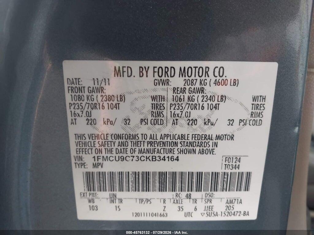 1FMCU9C73CKB34164 2012 FORD ESCAPE photo no. 9