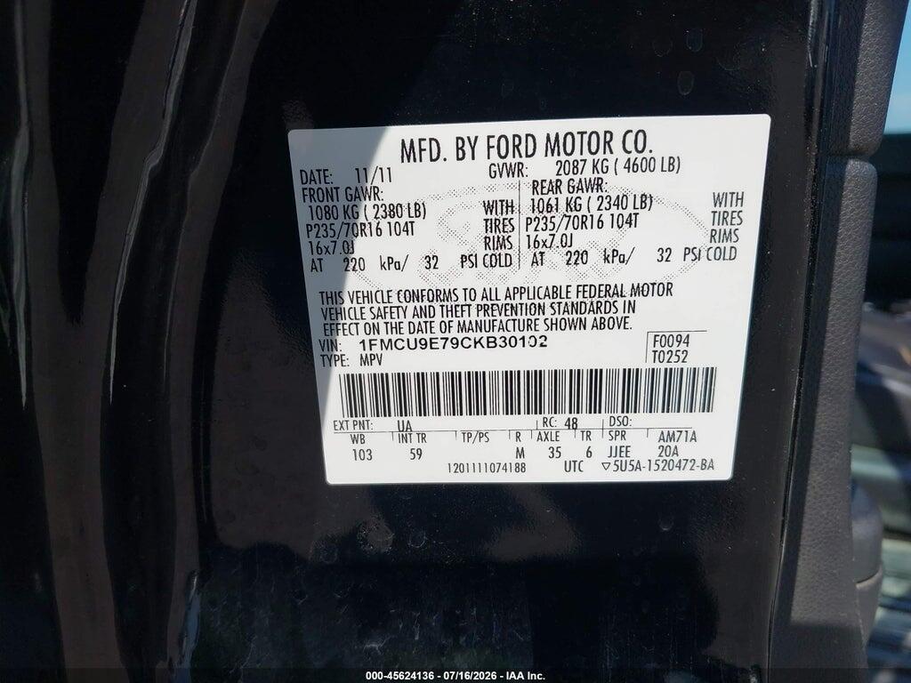 1FMCU9E79CKB30102 2012 FORD ESCAPE photo no. 9