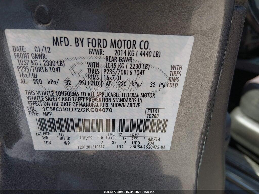 1FMCU0D72CKC04070 2012 FORD ESCAPE photo no. 9