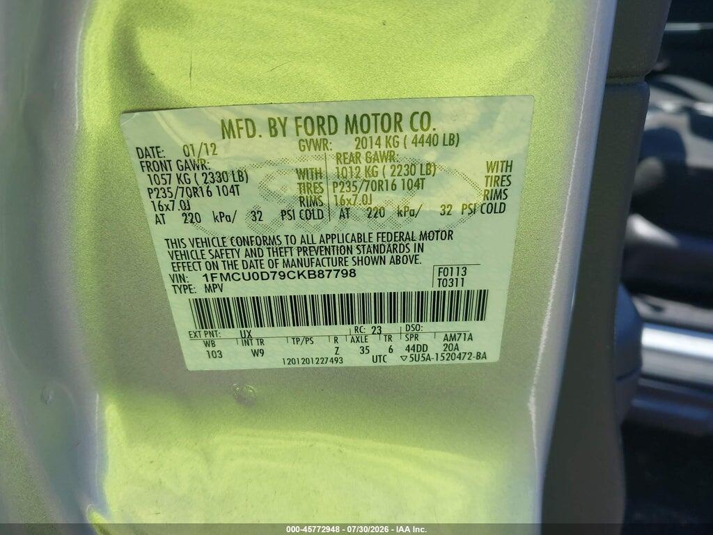 1FMCU0D79CKB87798 2012 FORD ESCAPE photo no. 9