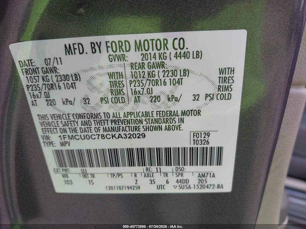 1FMCU0C78CKA32029 2012 FORD ESCAPE photo no. 9