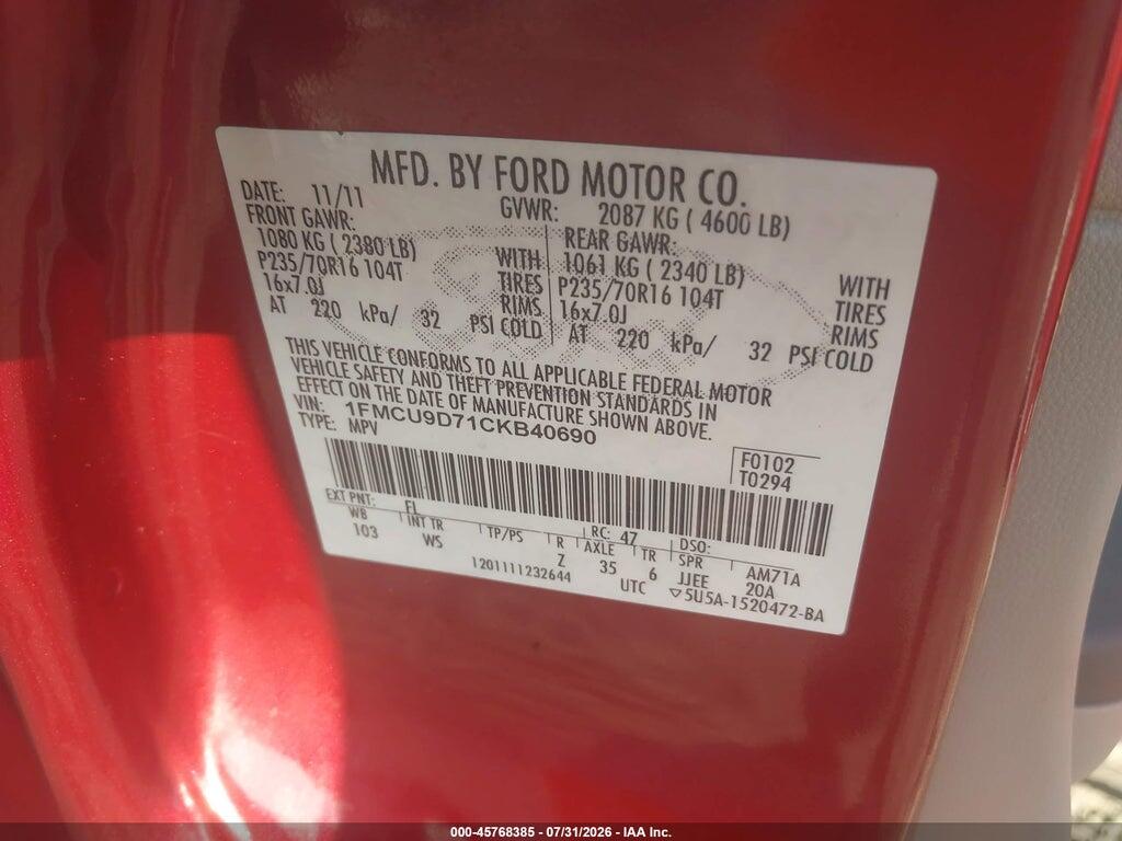 1FMCU9D71CKB40690 2012 FORD ESCAPE photo no. 9