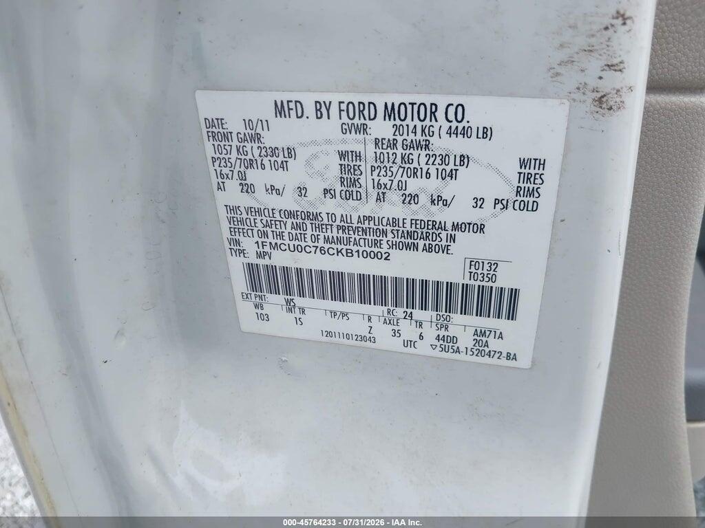 1FMCU0C76CKB10002 2012 FORD ESCAPE photo no. 9