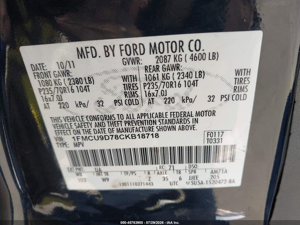 1FMCU9D78CKB18718 2012 FORD ESCAPE photo no. 9