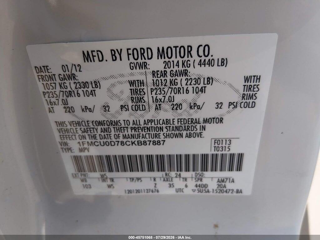 1FMCU0D78CKB87887 2012 FORD ESCAPE photo no. 9