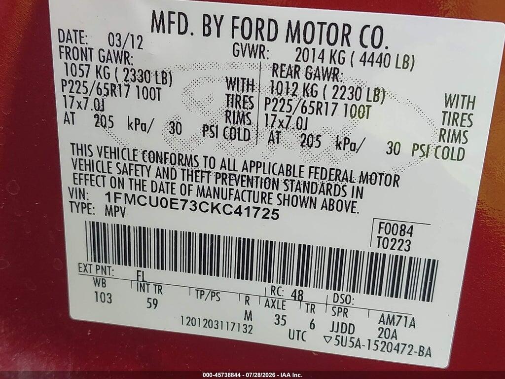 1FMCU0E73CKC41725 2012 FORD ESCAPE photo no. 9