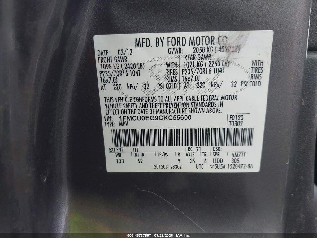 1FMCU0EG9CKC55600 2012 FORD ESCAPE photo no. 9