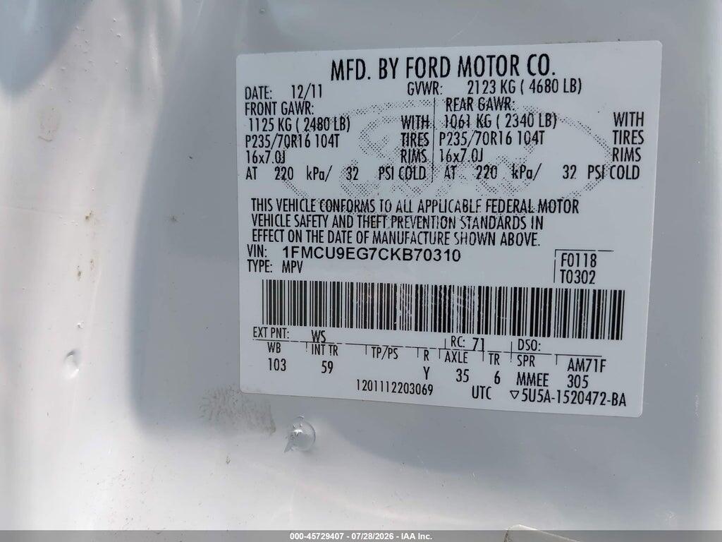 1FMCU9EG7CKB70310 2012 FORD ESCAPE photo no. 9