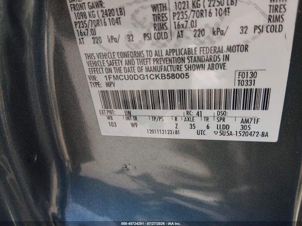1FMCU0DG1CKB58005 2012 FORD ESCAPE photo no. 9