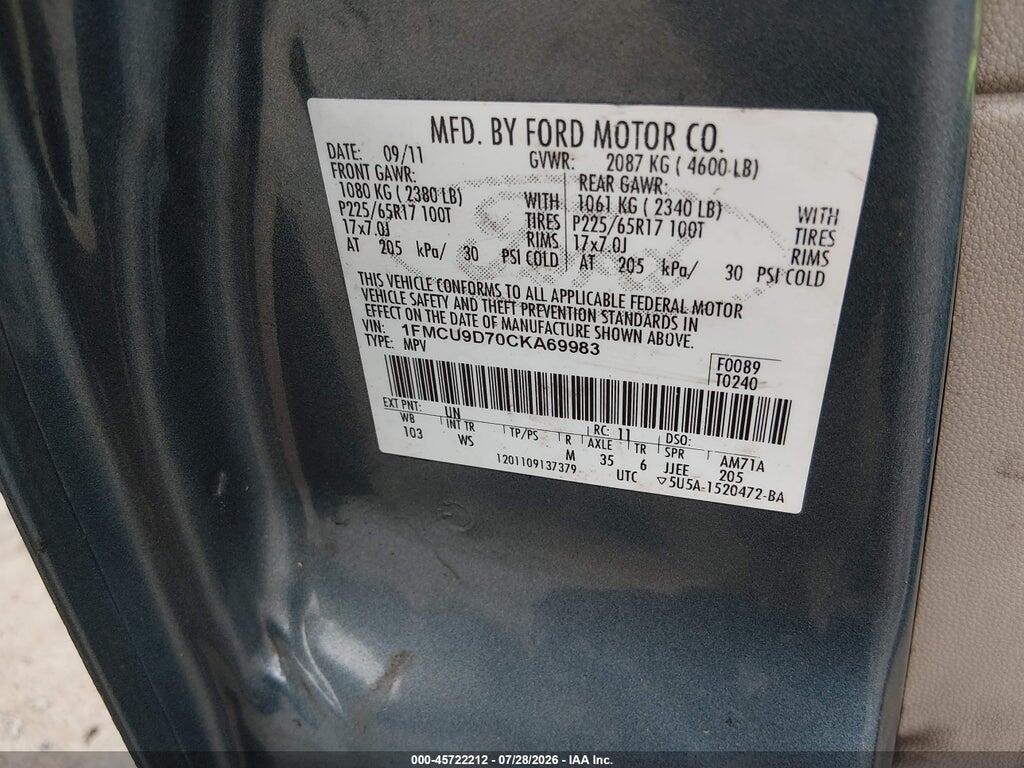 1FMCU9D70CKA69983 2012 FORD ESCAPE photo no. 9