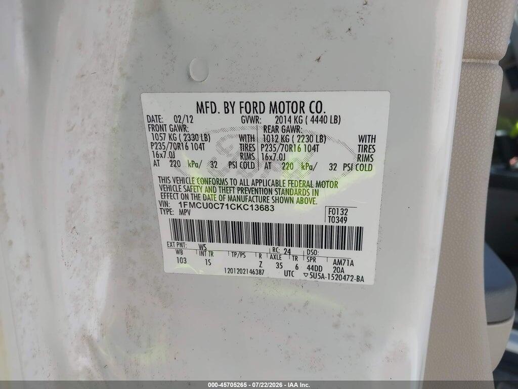 1FMCU0C71CKC13683 2012 FORD ESCAPE photo no. 9