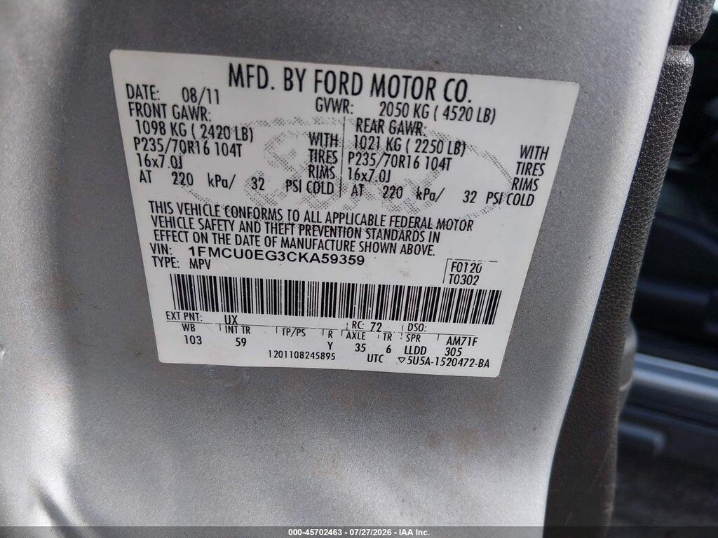 1FMCU0EG3CKA59359 2012 FORD ESCAPE photo no. 9