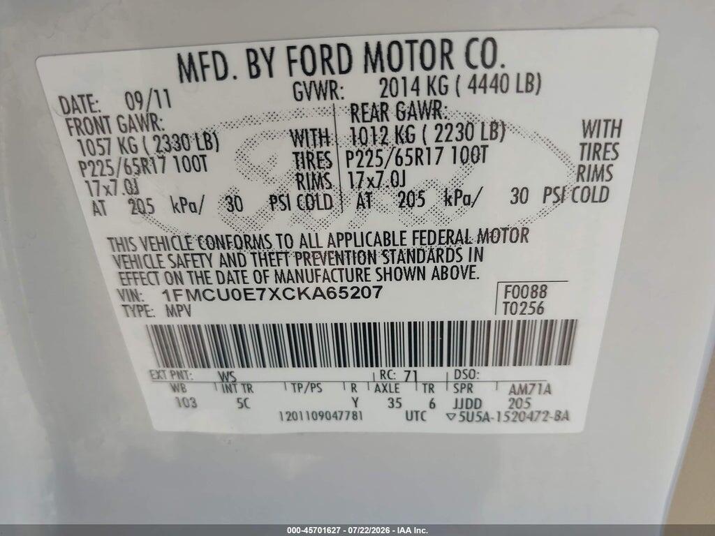 1FMCU0E7XCKA65207 2012 FORD ESCAPE photo no. 9