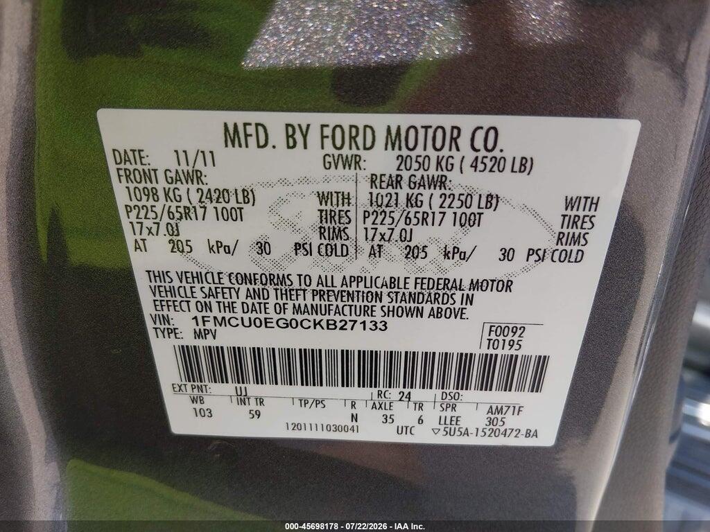1FMCU0EG0CKB27133 2012 FORD ESCAPE photo no. 9