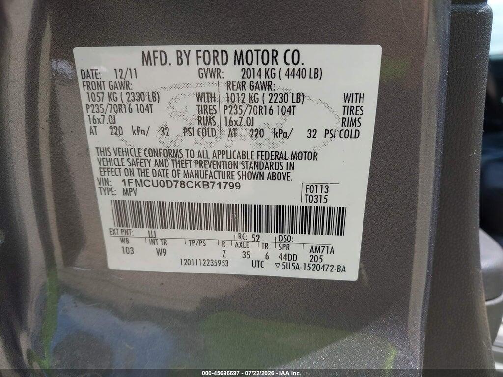 1FMCU0D78CKB71799 2012 FORD ESCAPE photo no. 9