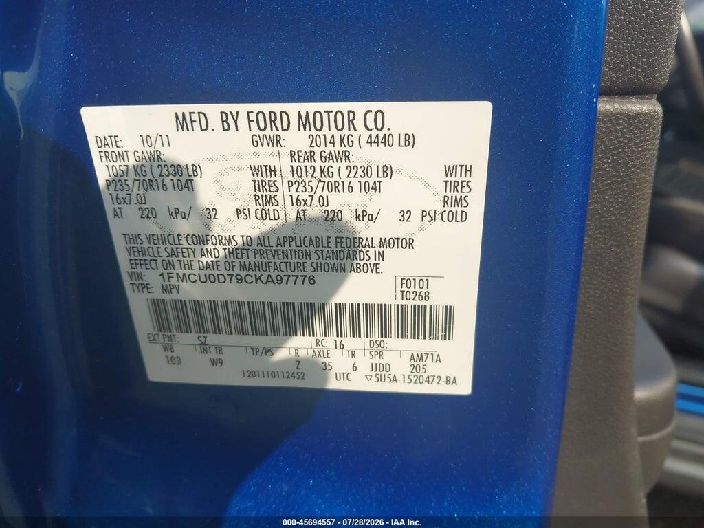 1FMCU0D79CKA97776 2012 FORD ESCAPE photo no. 9
