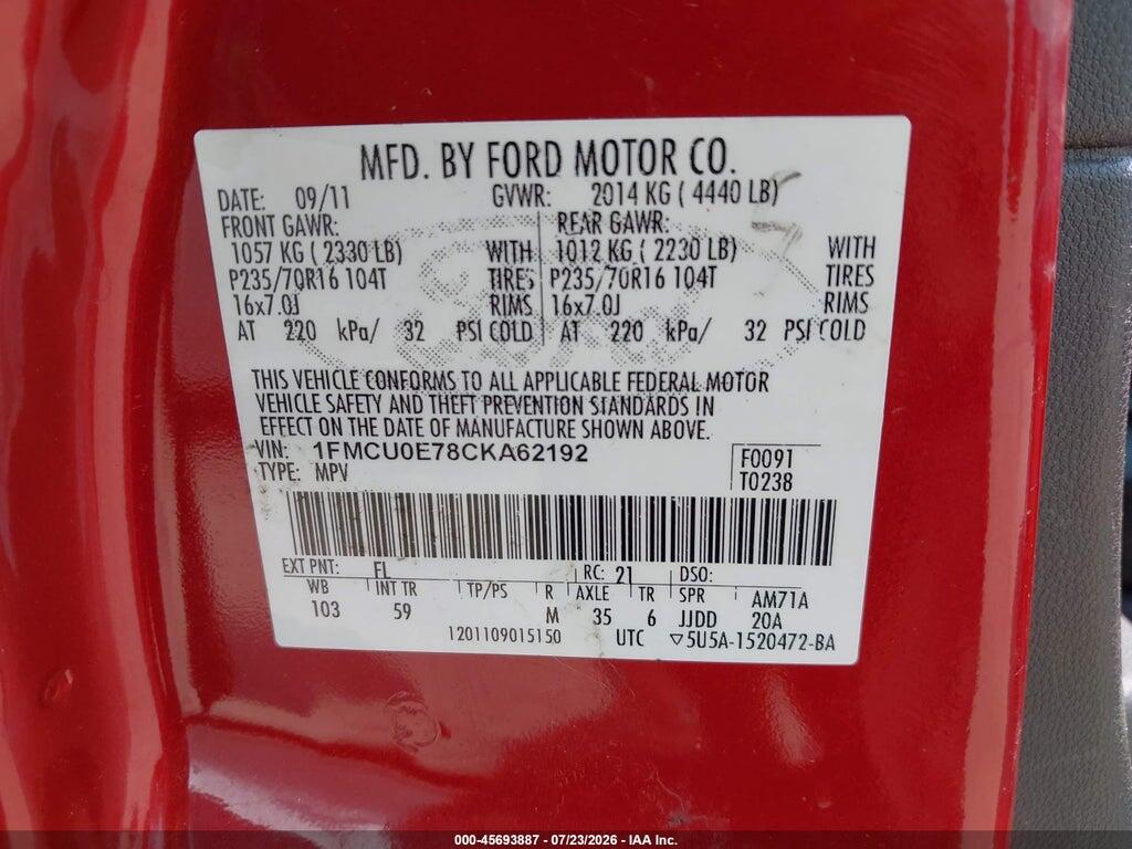 1FMCU0E78CKA62192 2012 FORD ESCAPE photo no. 9