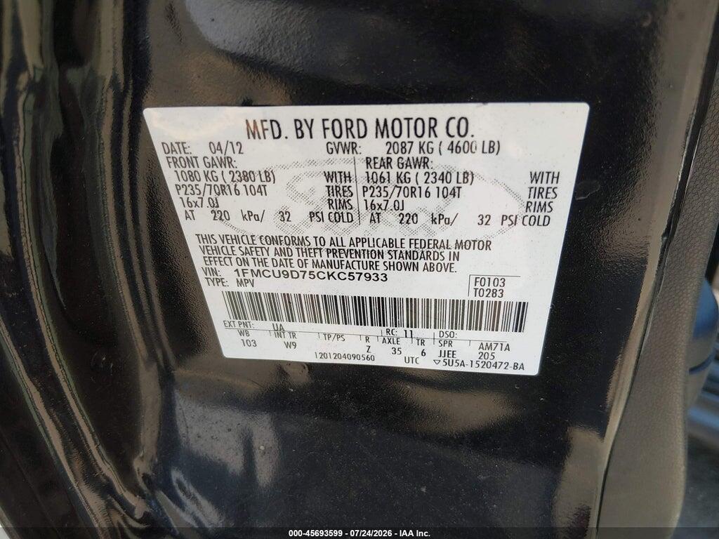 1FMCU9D75CKC57933 2012 FORD ESCAPE photo no. 9
