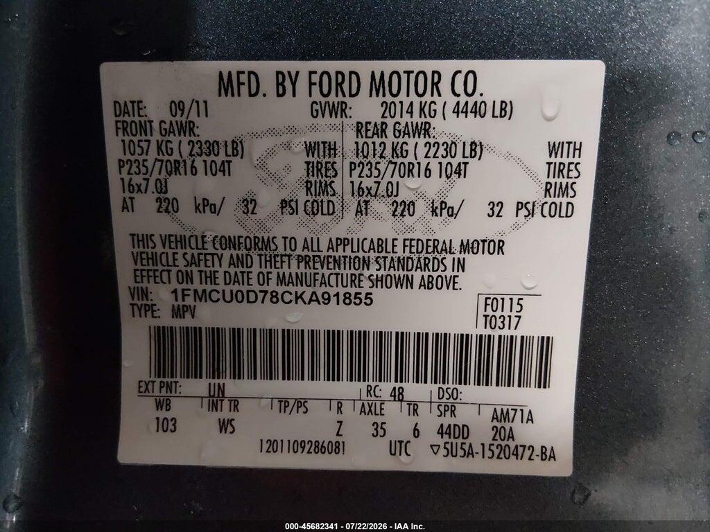 1FMCU0D78CKA91855 2012 FORD ESCAPE photo no. 9