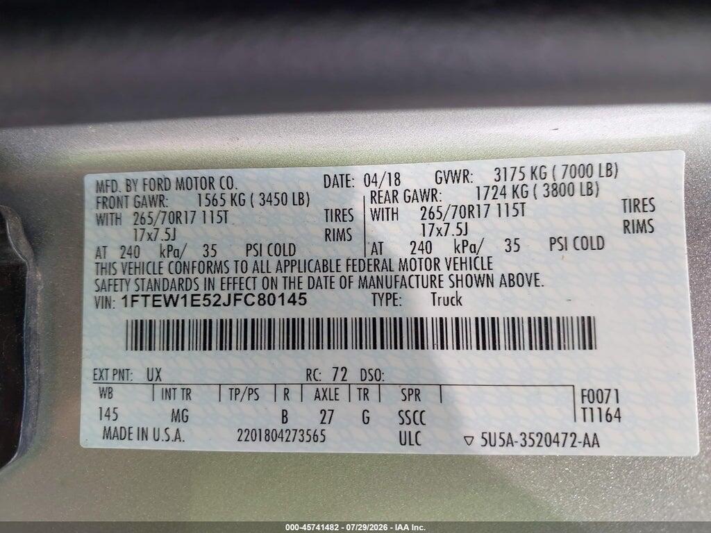 1FTEW1E52JFC80145 2018 FORD F-150 photo no. 9