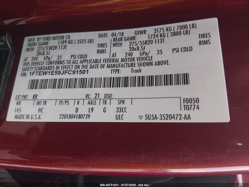 1FTEW1E59JFC91501 2018 FORD F-150 photo no. 9