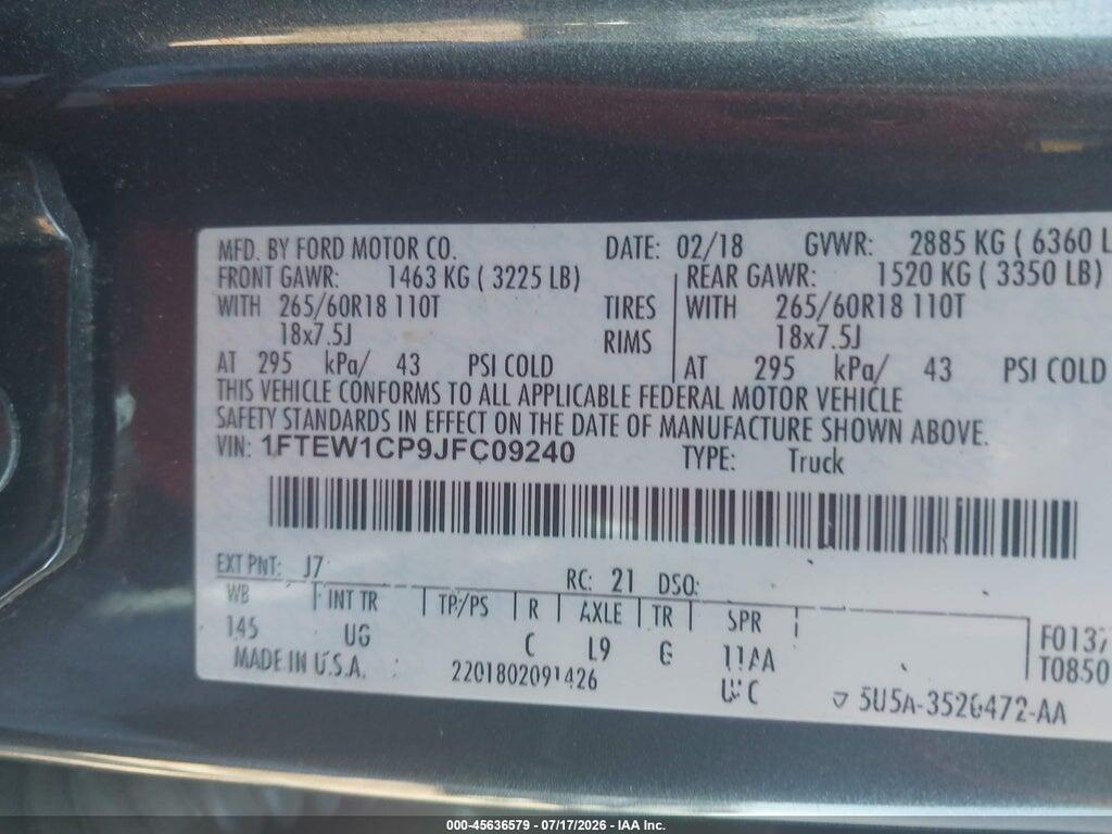 1FTEW1CP9JFC09240 2018 FORD F-150 photo no. 9