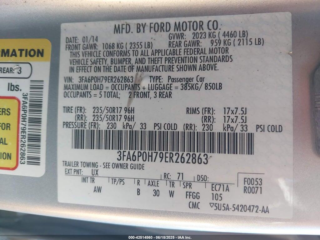3FA6P0H79ER262863 2014 FORD FUSION photo no. 9