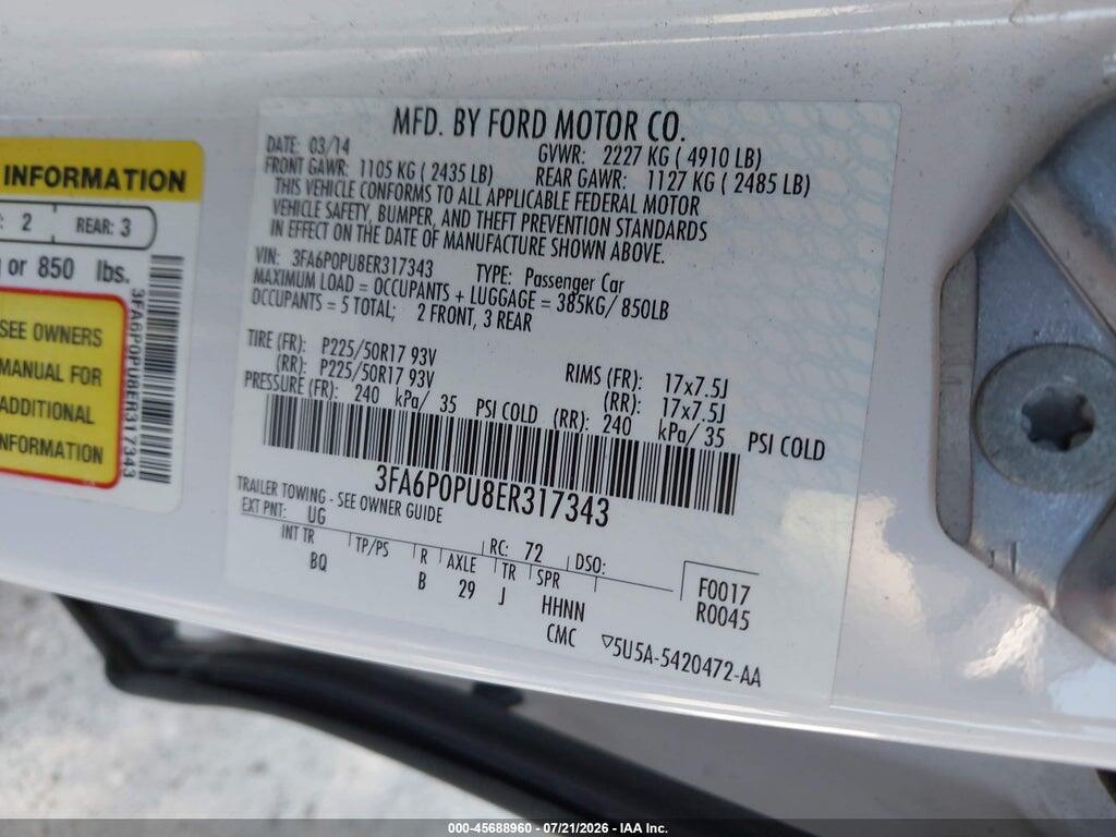 3FA6P0PU8ER317343 2014 FORD FUSION ENERGI photo no. 9
