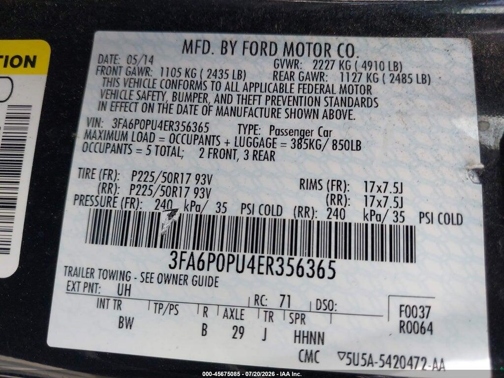 3FA6P0PU4ER356365 2014 FORD FUSION ENERGI photo no. 9