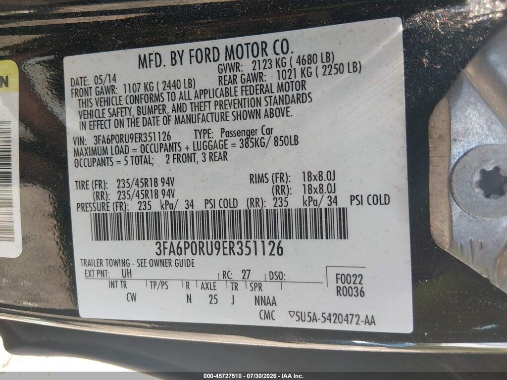 3FA6P0RU9ER351126 2014 FORD FUSION HYBRID photo no. 9