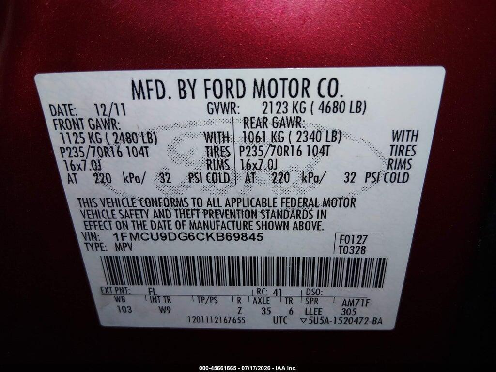 1FMCU9DG6CKB69845 2012 FORD ESCAPE photo no. 9