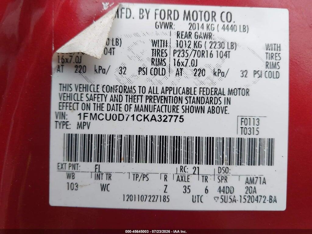1FMCU0D71CKA32775 2012 FORD ESCAPE photo no. 9
