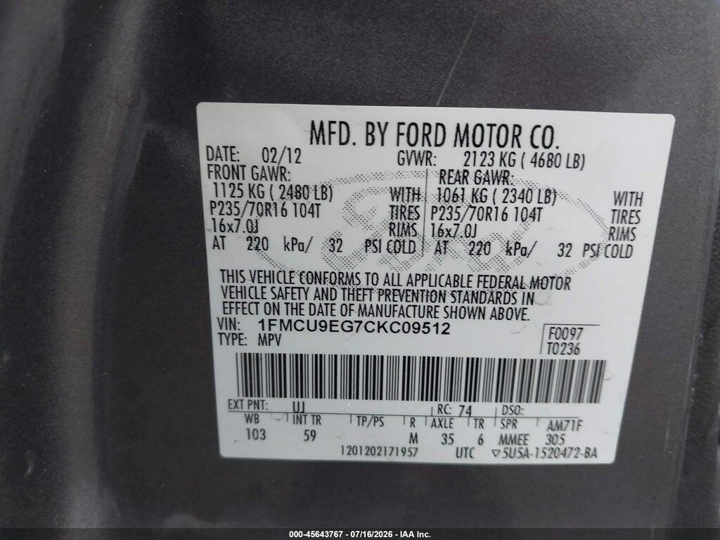 1FMCU9EG7CKC09512 2012 FORD ESCAPE photo no. 9