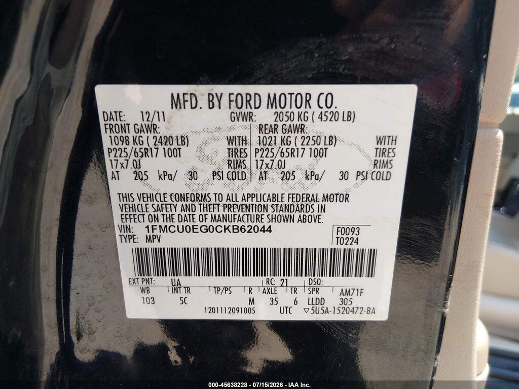 1FMCU0EG0CKB62044 2012 FORD ESCAPE photo no. 9