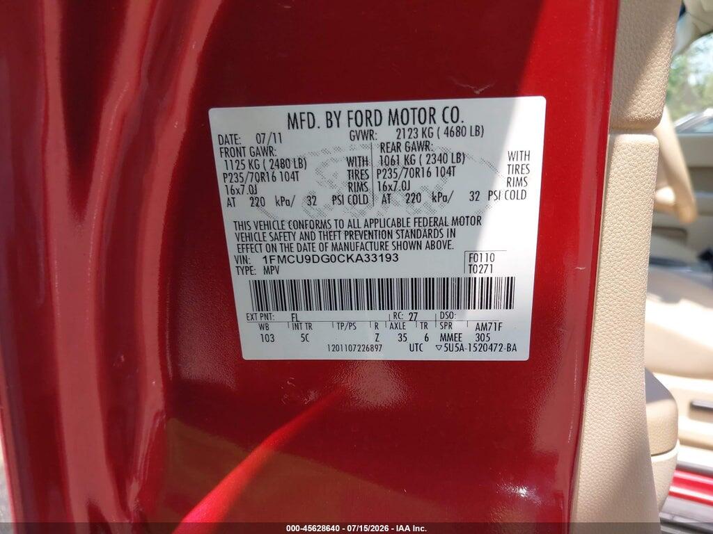 1FMCU9DG0CKA33193 2012 FORD ESCAPE photo no. 9