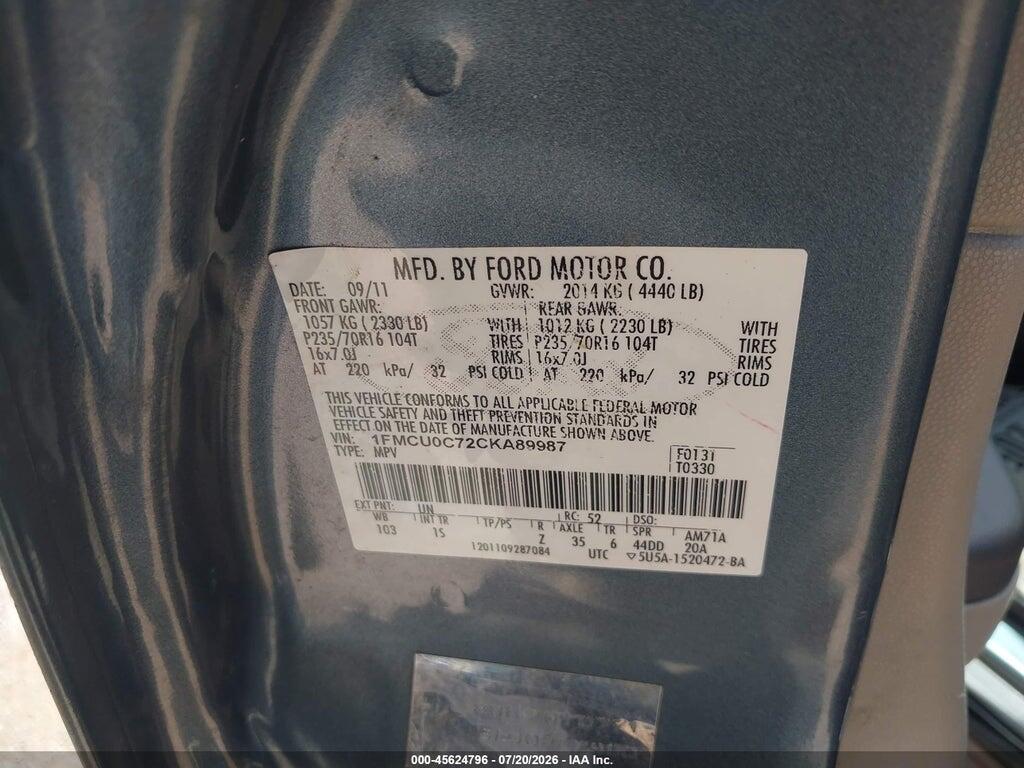 1FMCU0C72CKA89987 2012 FORD ESCAPE photo no. 9