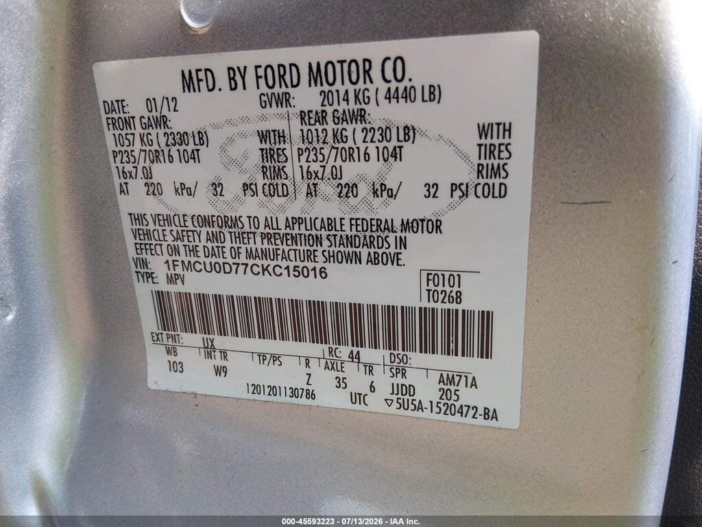 1FMCU0D77CKC15016 2012 FORD ESCAPE photo no. 8