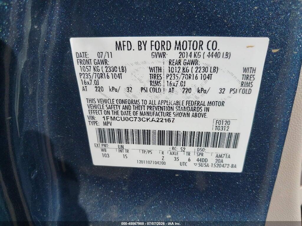 1FMCU0C73CKA22167 2012 FORD ESCAPE photo no. 9