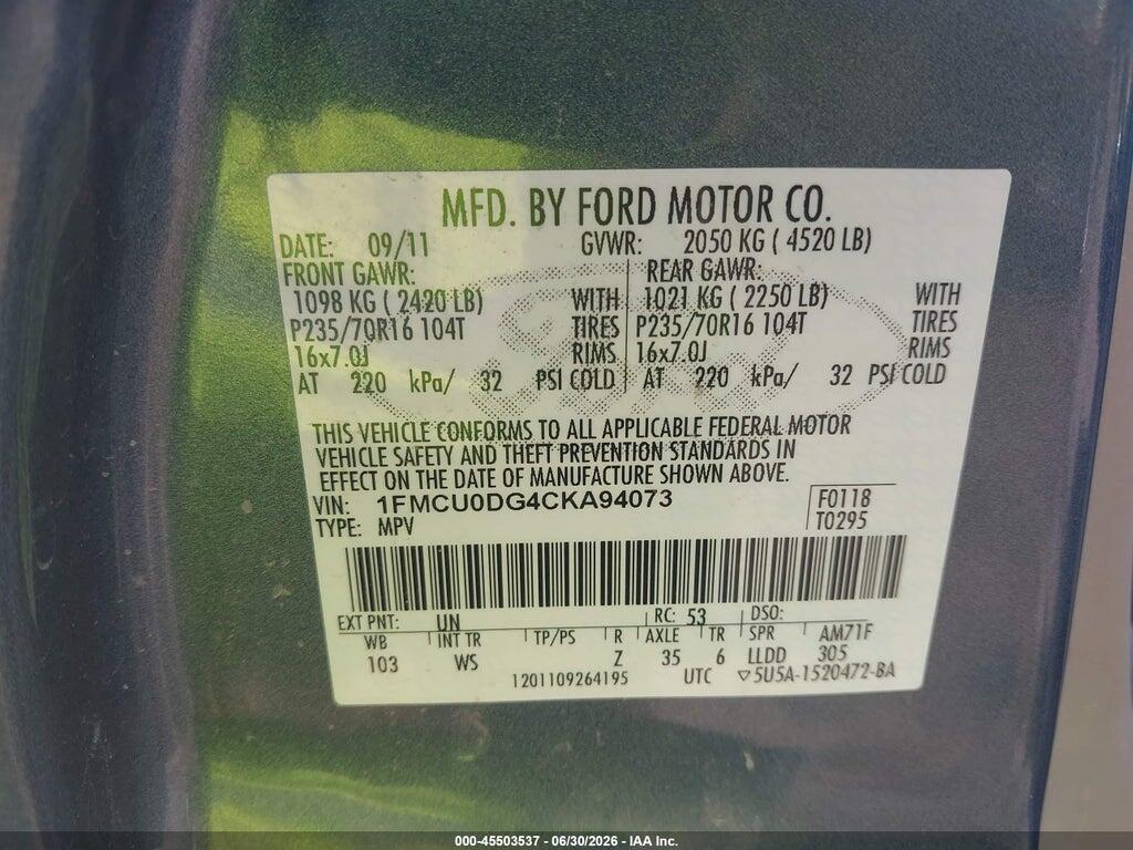 1FMCU0DG4CKA94073 2012 FORD ESCAPE photo no. 9