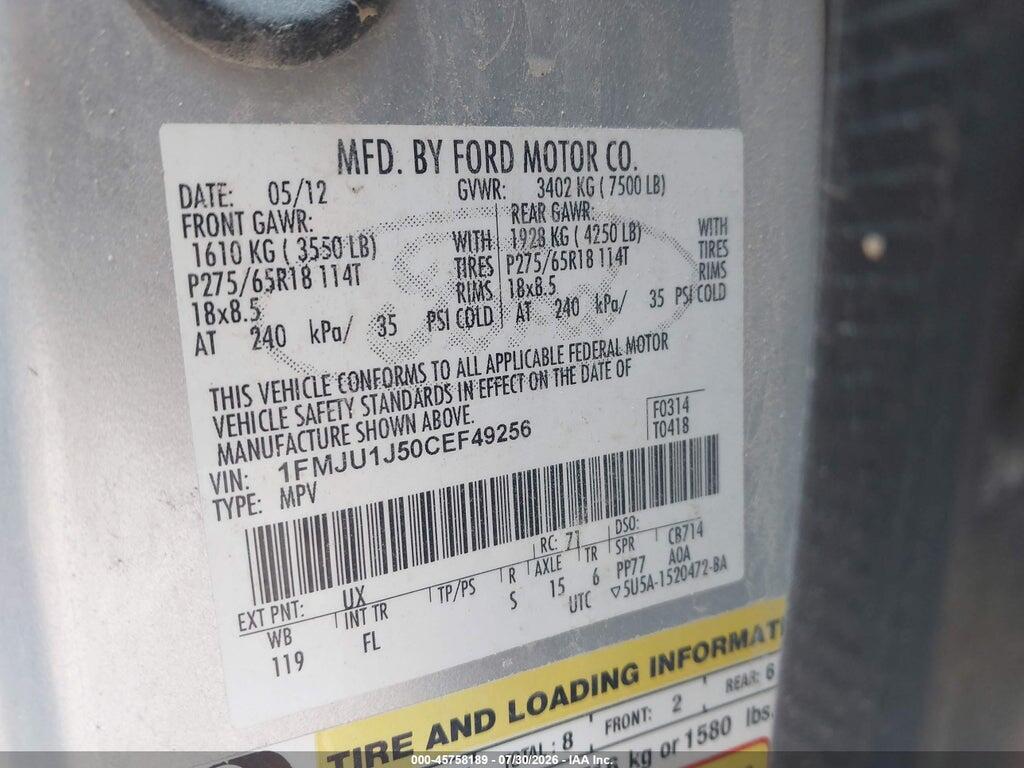 1FMJU1J50CEF49256 2012 FORD EXPEDITION photo no. 9