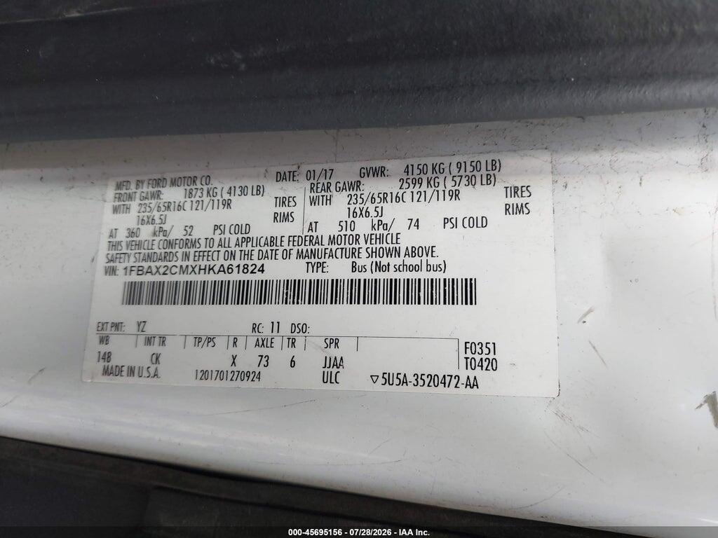 1FBAX2CMXHKA61824 2017 FORD TRANSIT-350 photo no. 9