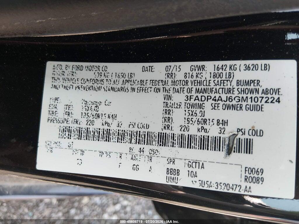 3FADP4AJ6GM107224 2016 FORD FIESTA photo no. 9