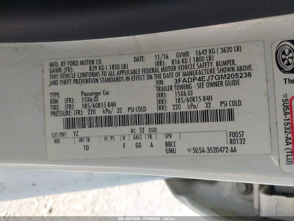 3FADP4EJ7GM205236 2016 FORD FIESTA photo no. 9