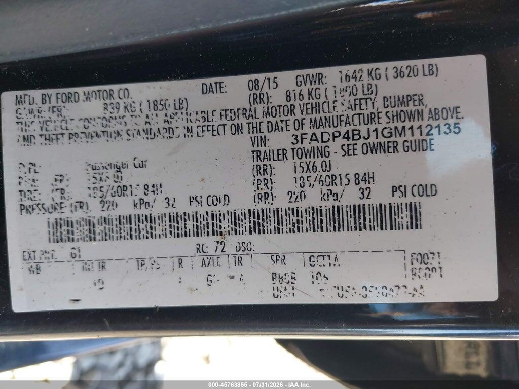 3FADP4BJ1GM112135 2016 FORD FIESTA photo no. 9